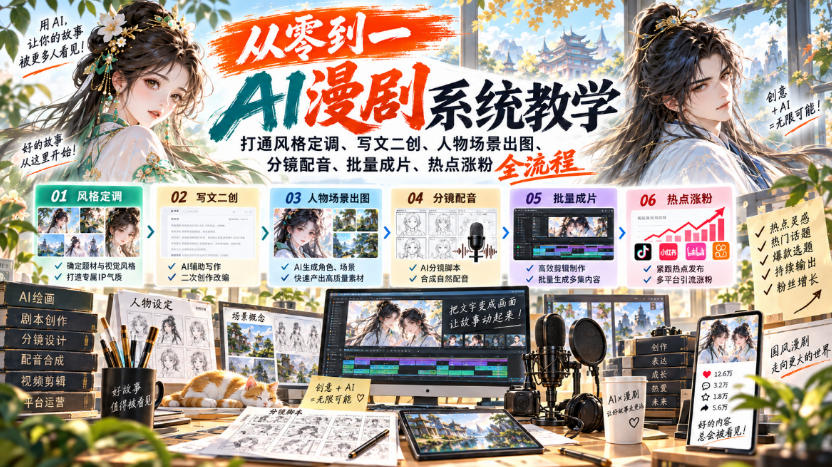从零到一AI漫剧系统教学，打通风格定调、写文二创、人物场景出图、分镜配音、批量成片、热点涨粉全流程-鑫梵淘