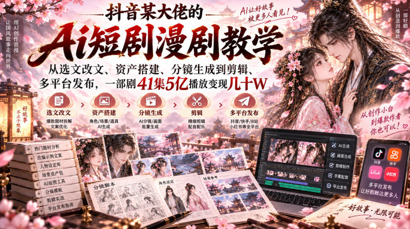 抖音某大佬的Ai短剧漫剧教学，从选文改文、资产搭建、分镜生成到剪辑、多平台发布，一部剧41集5亿播放变现几十W-鑫梵淘