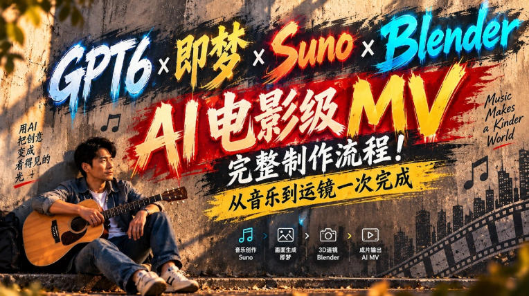 GPT6×即梦×Suno×Blender｜AI电影级MV完整制作流程！从音乐到运镜一次完成！-鑫梵淘