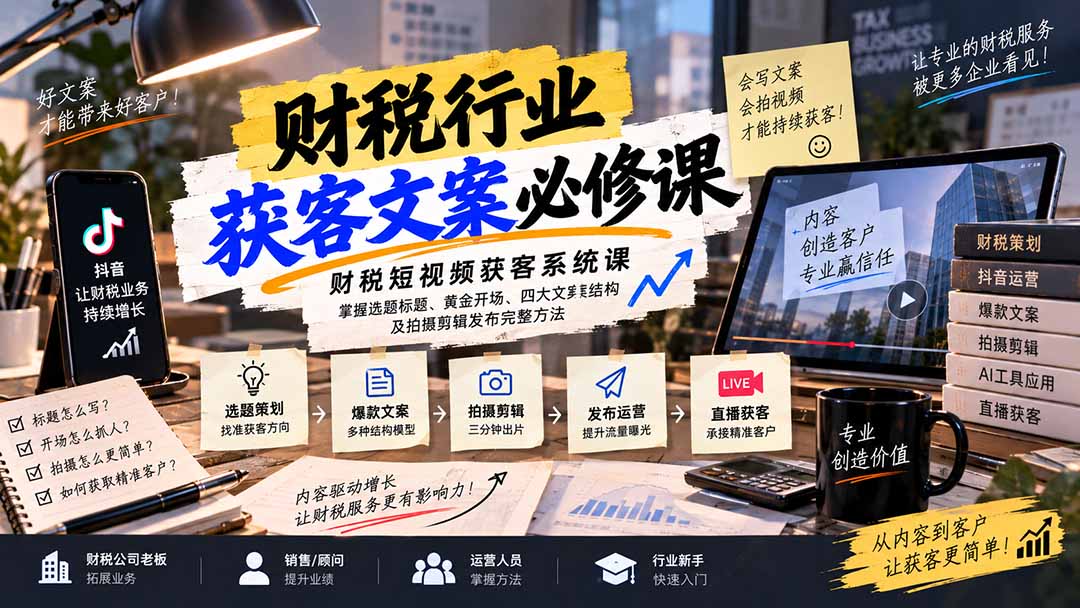 财税短视频获客系统课：掌握选题标题、黄金开场、四大文案结构及拍摄剪辑发布完整方法-鑫梵淘