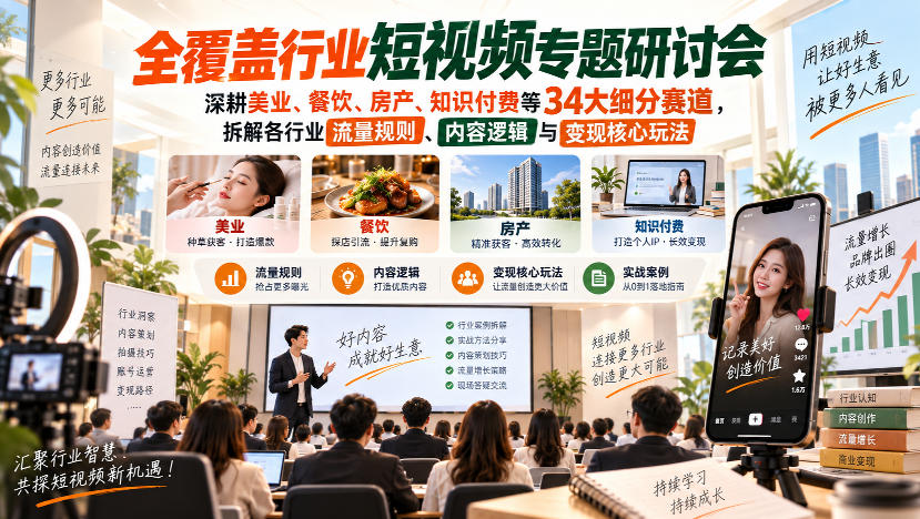 短视频专题研讨会，深耕美业、餐饮、房产、知识付费等34大细分赛道，拆解各行业流量规则、内容逻辑与变现核心玩法-鑫梵淘
