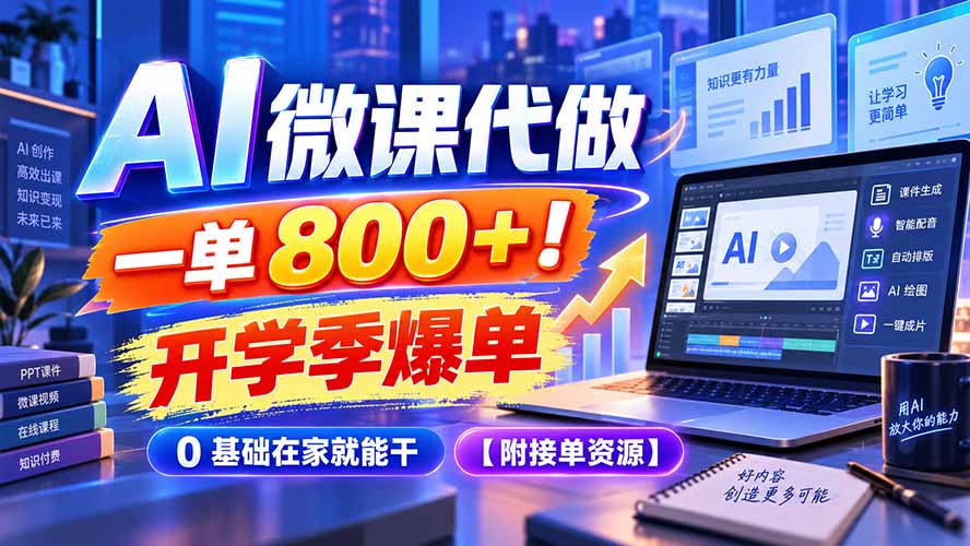 AI 微课代做，一单 800+！开学季爆单，0 基础在家就能干【附接单资源】-鑫梵淘
