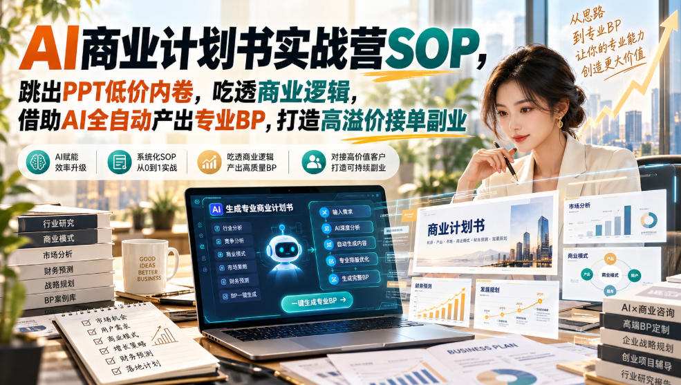 AI商业计划书实战营SOP，跳出PPT低价内卷，吃透商业逻辑，借助AI全自动产出专业BP，打造高溢价接单副业-鑫梵淘