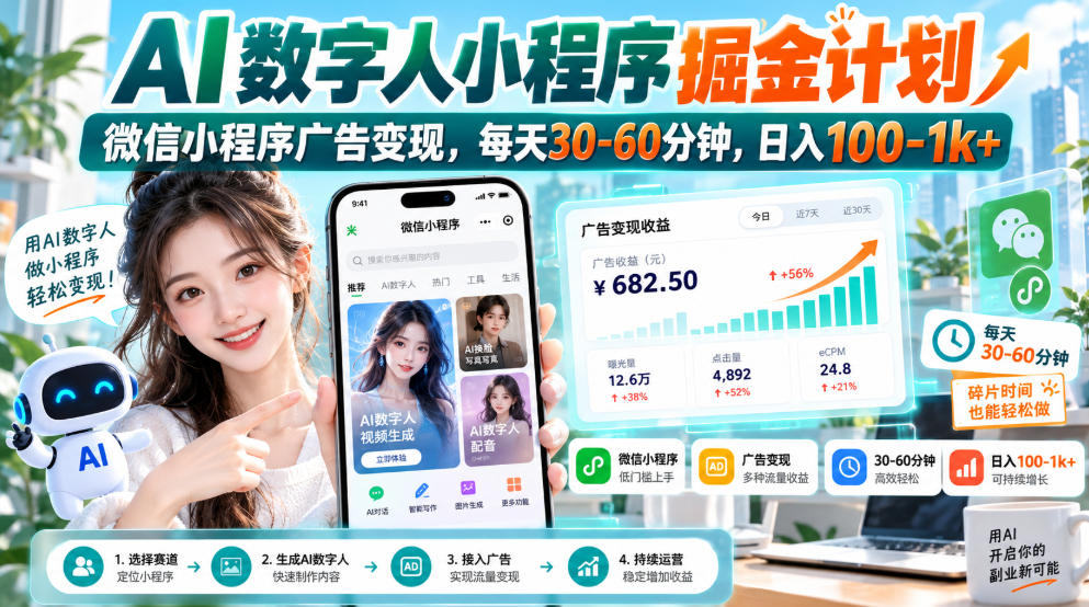 【无水印】AI数字人小程序掘金计划，微信小程序广告变现，每天30‑60分钟，日入100‑1k+-鑫梵淘