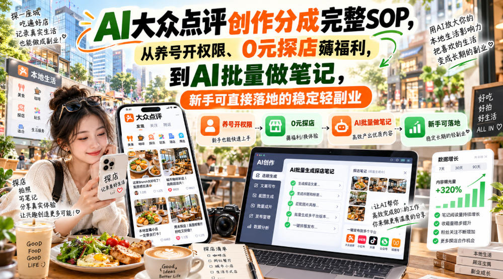【无水印】AI大众点评创作分成完整SOP，从养号开权限、0元探店薅福利，到AI批量做笔记，新手可直接落地的稳定轻副业-鑫梵淘