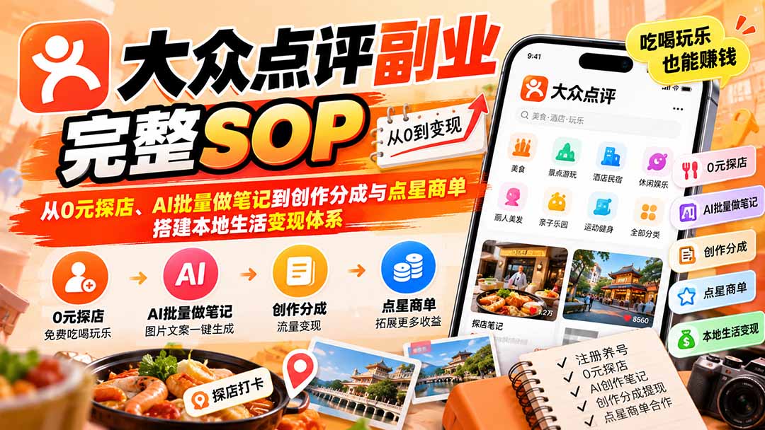 【无水印】大众点评副业完整SOP：从0元探店、AI批量做笔记到创作分成与点星商单，搭建本地生活变现体系-鑫梵淘