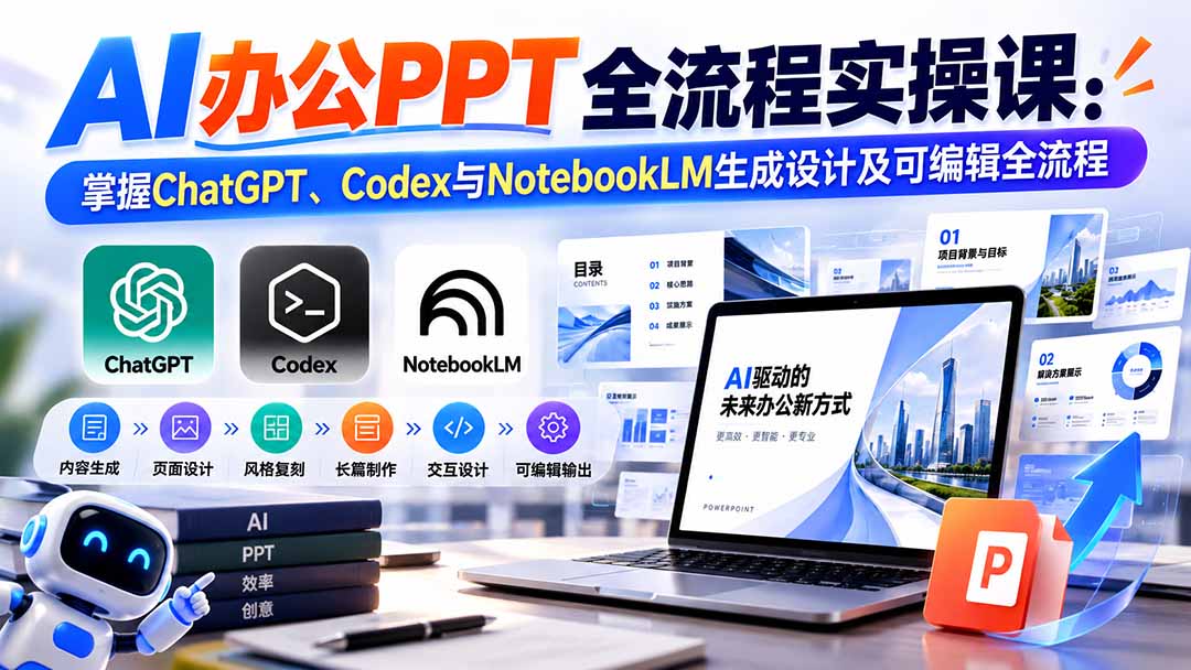 【无水印】AI办公PPT全流程实操课： 掌握ChatGPT、Codex与NotebookLM生成设计及可编辑全流程-鑫梵淘