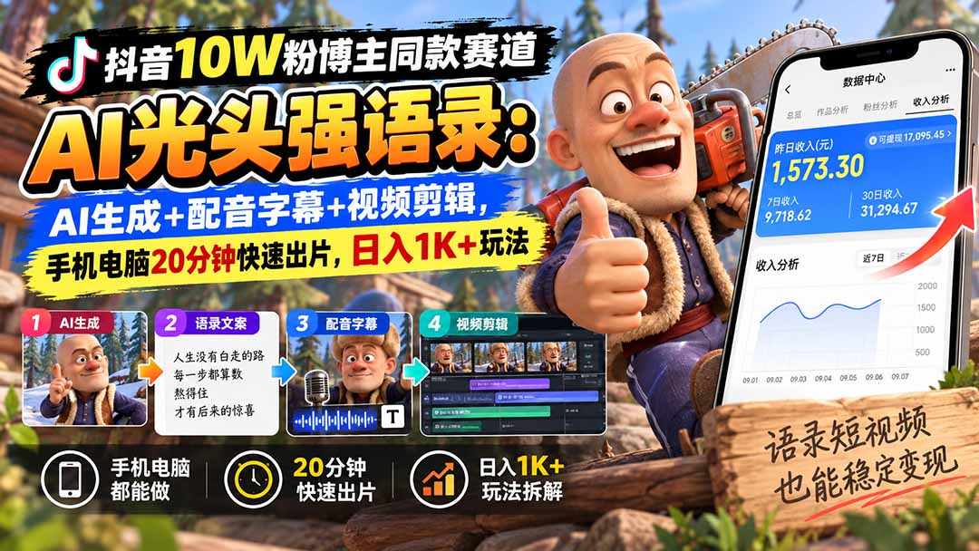 【无水印】抖音10W粉博主同款赛道AI光头强语录：AI生成+配音字幕+视频剪辑，手机电脑20分钟快速出片，日入1K+玩法-鑫梵淘