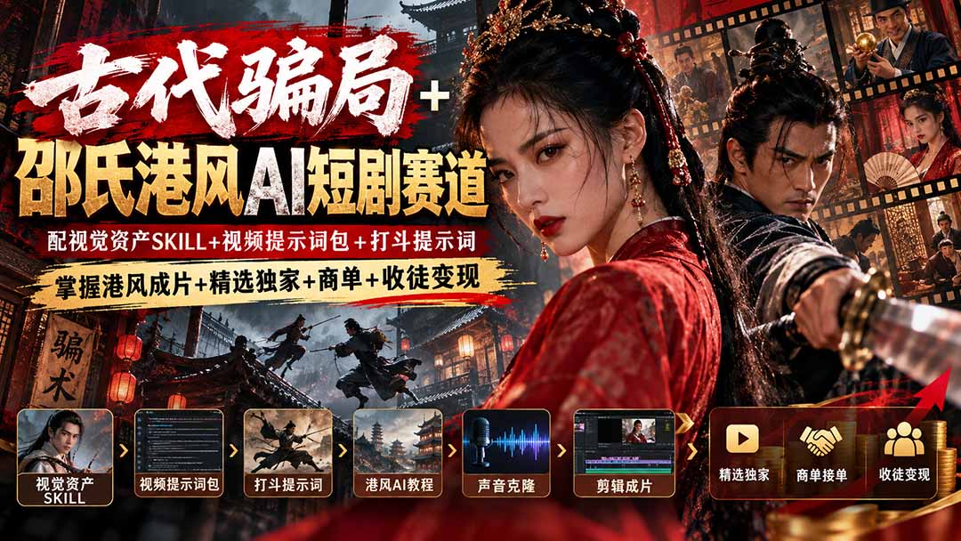 古代骗局+邵氏港风AI短剧赛道：配视觉资产SKILL+视频提示词包+打斗提示词，掌握港风成片+精选独家+商单+收徒变现-鑫梵淘