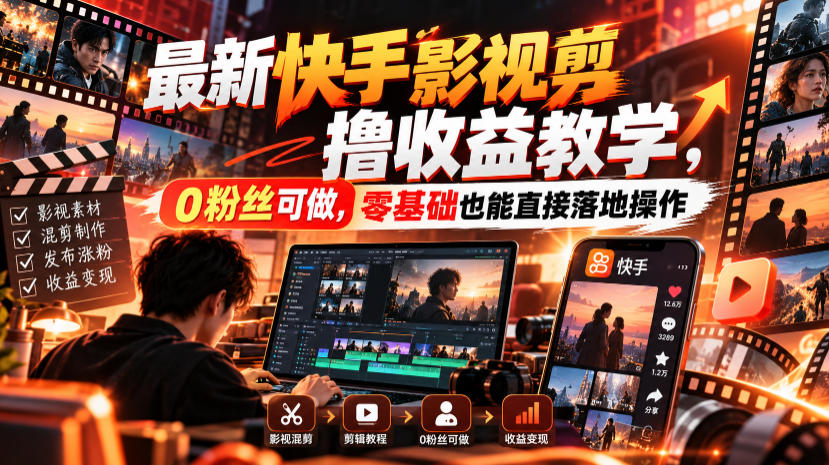 最新快手影视混剪撸收益教学，0粉丝可做，零基础也能直接落地操作-鑫梵淘