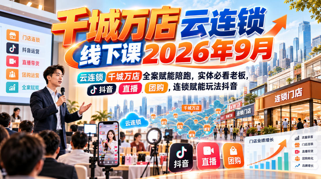 千城万店云连锁线下课2026年9月，云连锁千城万店全案赋能陪跑，实体必看老板，抖音，直播，团购，连锁赋能玩法抖音-鑫梵淘