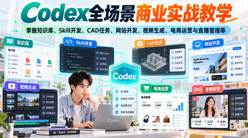 【无水印】Codex全场景商业实战教学，掌握知识库、Skill开发、CAD任务、网站开发、视频生成、电商运营与直播管理等-鑫梵淘