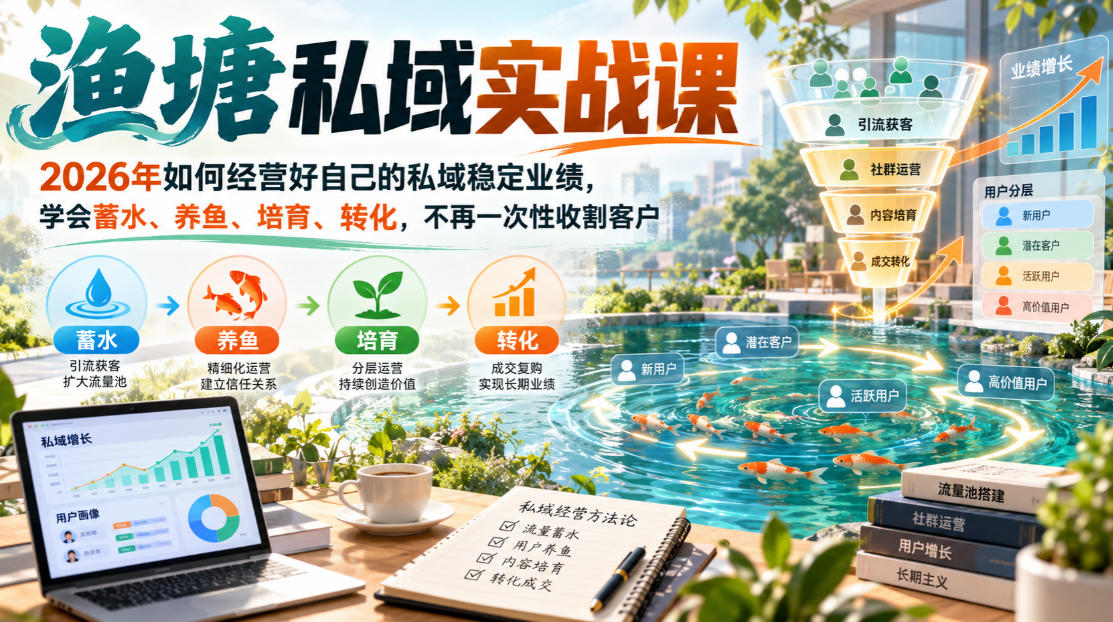 渔塘私域实战课，2026年如何经营好自己的私域稳定业绩，学会蓄水、养鱼、培育、转化，不再一次性收割客户-鑫梵淘