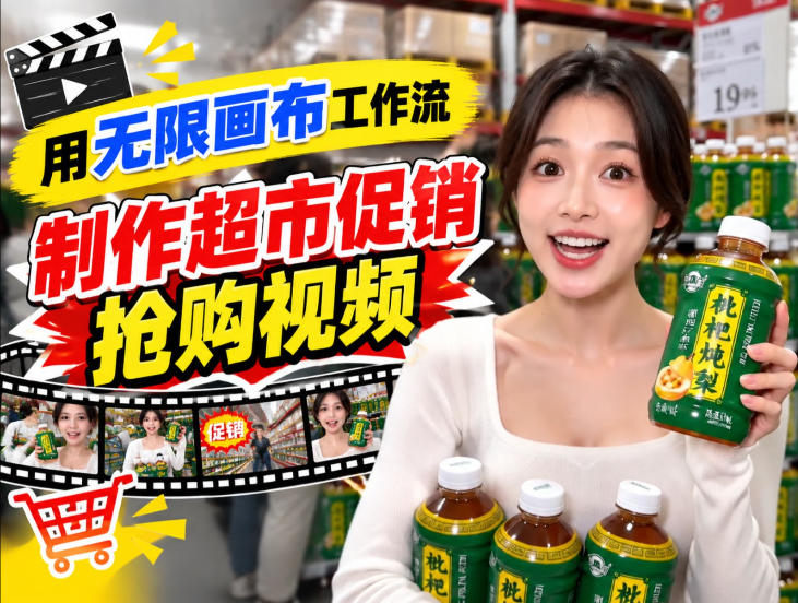 无限画布超市促销抢购视频工作流，一键产出TikTok抖音带货短视频-鑫梵淘