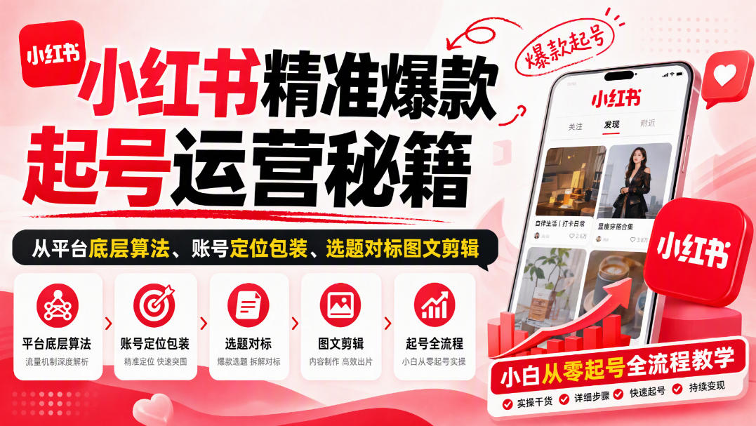 小红书精准爆款起号运营秘籍，从平台底层算法、账号定位包装、选题对标图文剪辑，小白从零起号全流程-鑫梵淘