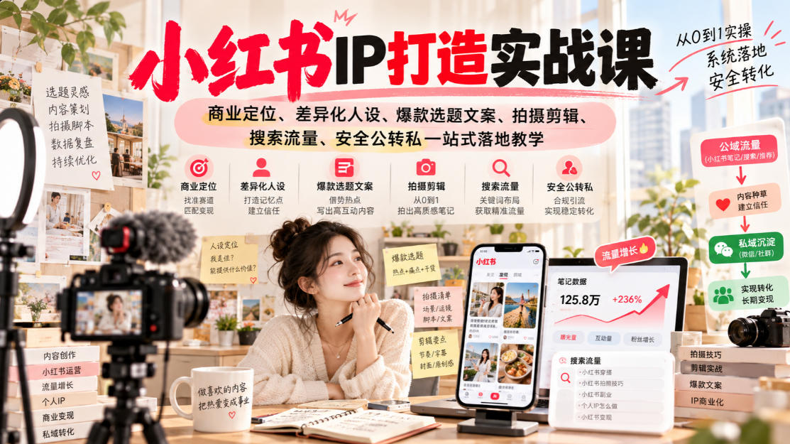 小红书ip打造实战课，商业定位、差异化人设、爆款选题文案、拍摄剪辑、搜索流量、安全公转私一站式落地教学-鑫梵淘