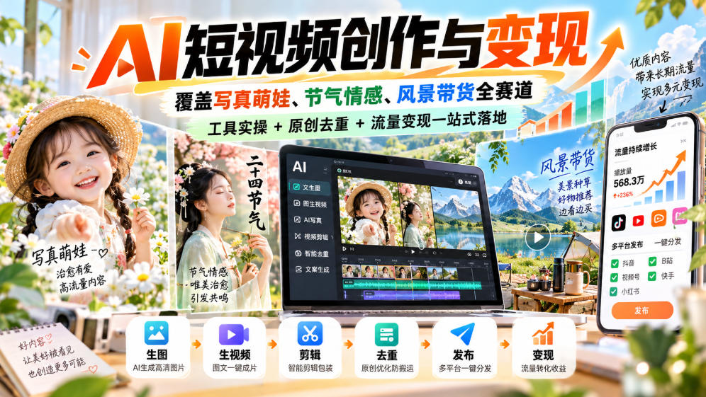 AI短视频创作与变现，覆盖写真萌娃、节气情感、风景带货全赛道，工具实操+原创去重+流量变现一站式落地-鑫梵淘