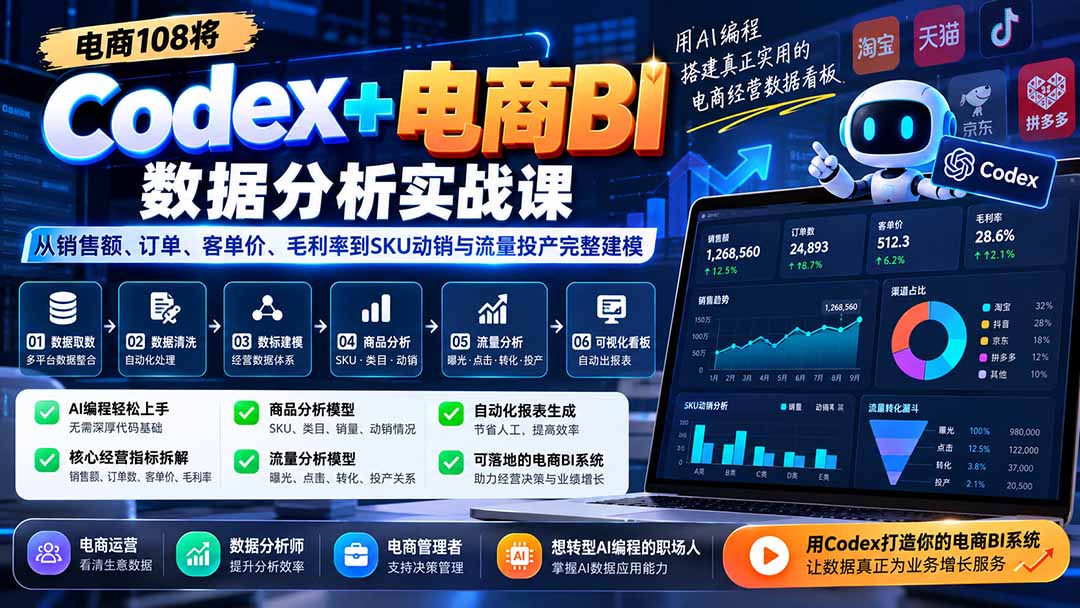 Codex+电商BI数据分析实战课-更新：从销售额、订单、客单价、毛利率到SKU动销与流量投产完整建模-鑫梵淘