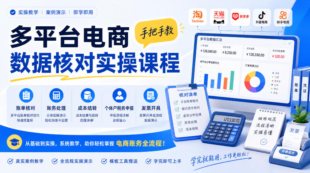 多平台电商数据核对实操课程，手把手教账单核对、账务处理、成本结转、个体户税务申报与发票开具-鑫梵淘