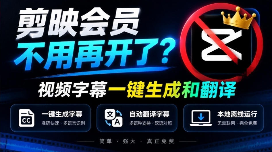 剪映会员不用再开了？视频字幕一键生成加翻译，本地离线运行，完全免费，超快速高精度，字幕大师-鑫梵淘