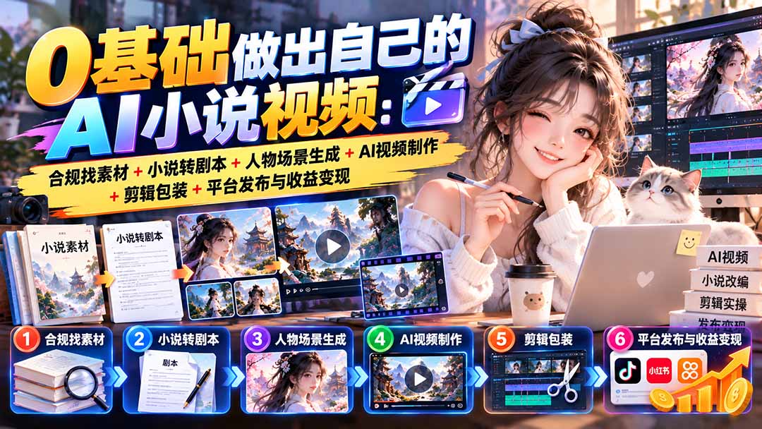 0基础做出自己的AI小说视频：合规找素材+小说转剧本+人物场景生成+AI视频制作+剪辑包装+平台发布与收益变现-鑫梵淘