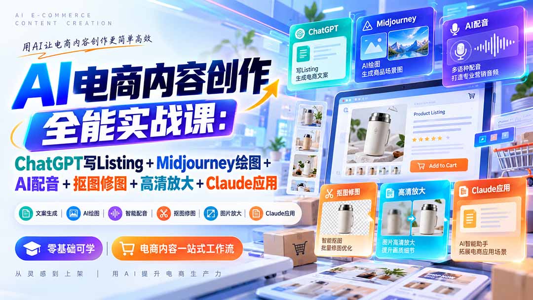 【无水印】AI电商内容创作全能实战课：ChatGPT写Listing+Midjourney绘图+AI配音+抠图修图+高清放大+Claude应用-鑫梵淘