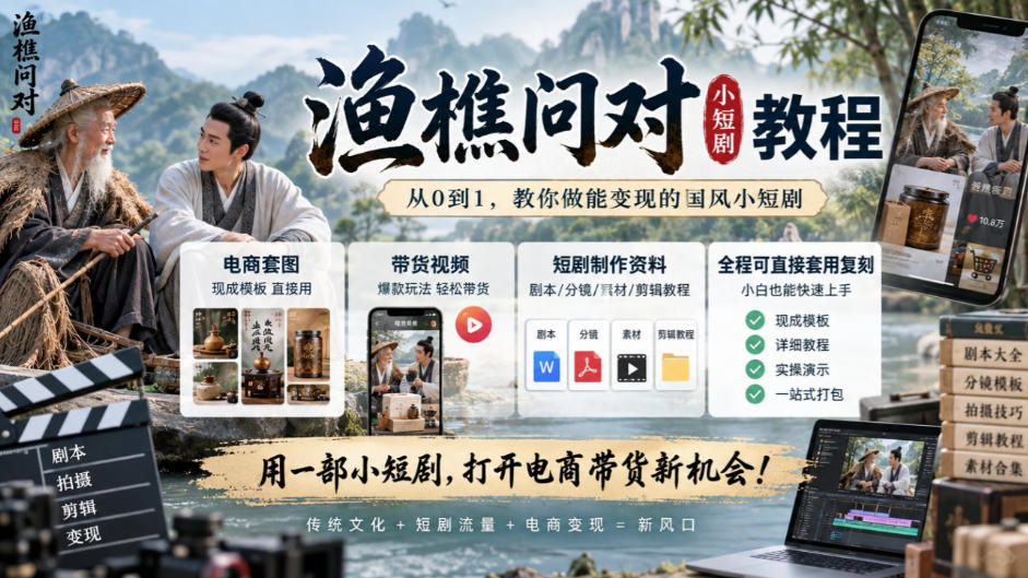 渔樵问对小短剧教程，包含电商套图、带货视频，短剧制作资料，全程可直接套用复刻-鑫梵淘