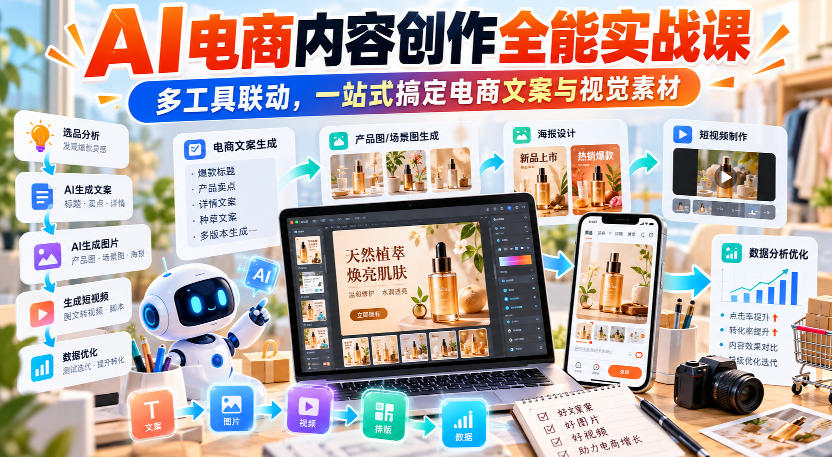 【无水印】AI电商内容创作全能实战课｜多工具联动，一站式搞定电商文案与视觉素材-鑫梵淘