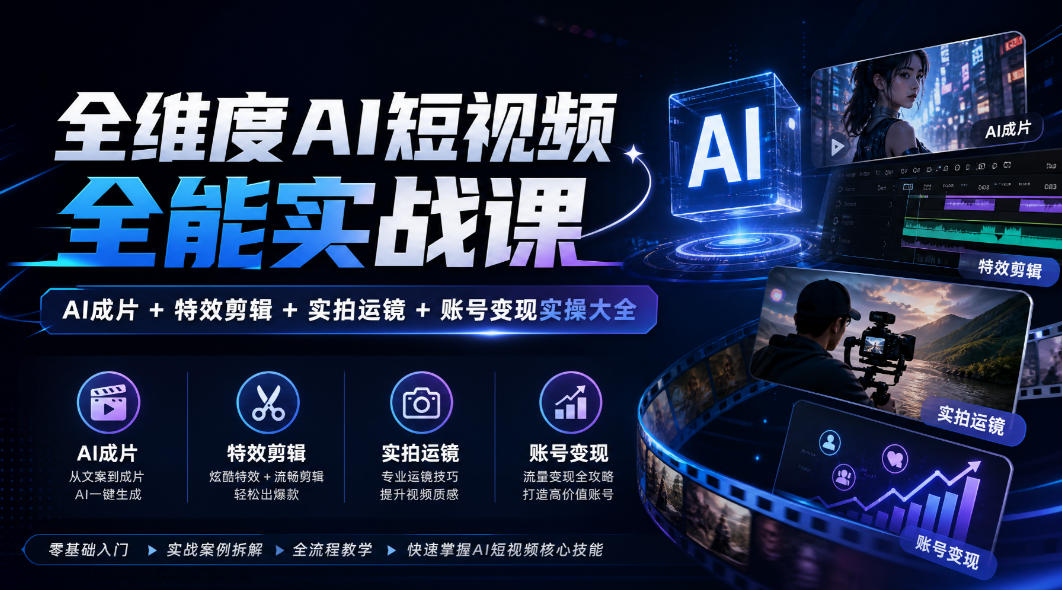 全维度AI短视频全能实战课，AI成片+特效剪辑+实拍运镜+账号变现实操大全-鑫梵淘