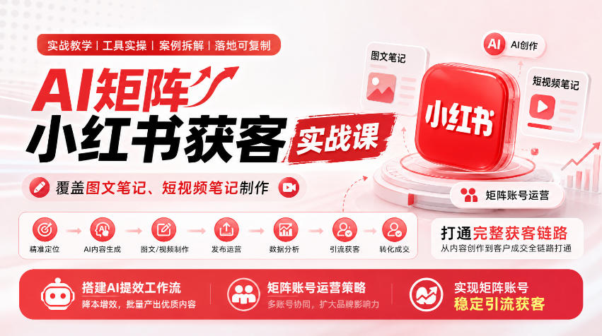AI矩阵小红书获客实战课，覆盖图文笔记、短视频笔记制作，打通完整获客链路，搭建AI提效工作流，实现矩阵账号稳定引流获客-鑫梵淘