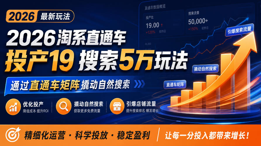 2026淘系直通车投产19搜索5万玩法，通过直通车矩阵撬动自然搜索，帮助商家优化投产，引爆店铺搜索流量-鑫梵淘