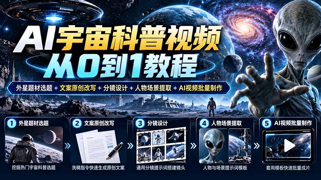 AI宇宙科普视频从0到1教程｜外星题材选题+文案原创改写+分镜设计+人物场景提取+AI视频批量制作-鑫梵淘