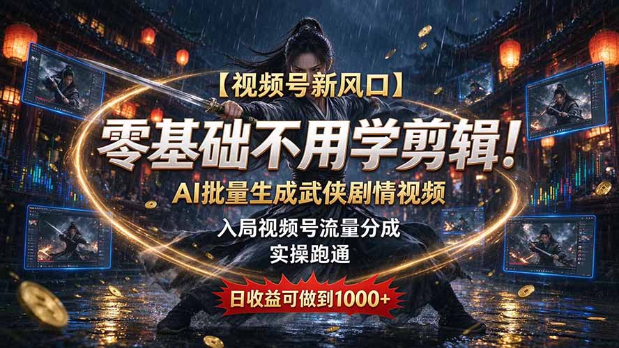 【视频号新风口】零基础不用学剪辑！AI 批量生成武侠剧情视频，入局视频号流量分成，实操跑通，日收益可做到 1000+-鑫梵淘
