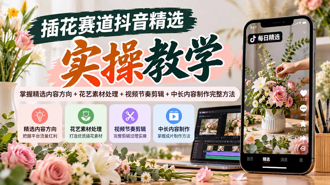插花赛道抖音精选实操教学：掌握精选内容方向+花艺素材处理+视频节奏剪辑+中长内容制作完整方法-鑫梵淘