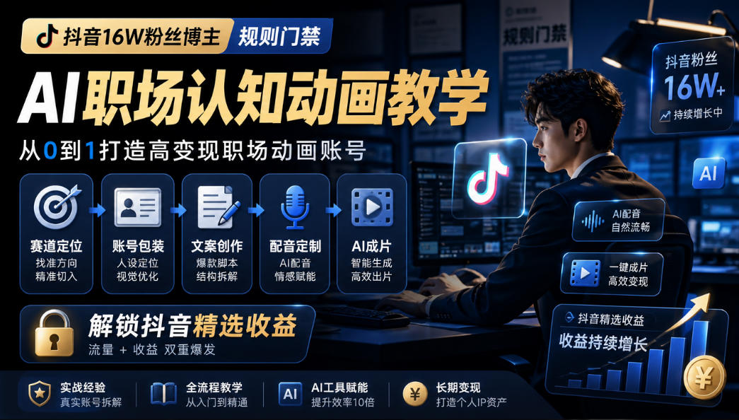 抖音16W粉丝博主规则门禁的AI职场认知动画教学，从赛道定位、账号包装，到文案创作、配音定制、AI成片，解锁抖音精选收益-鑫梵淘