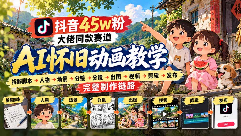 抖音45W粉大佬同款赛道AI怀旧动画教学：拆解脚本→人物→场景→分镜→出图→视频→剪辑→发布完整制作链路-鑫梵淘