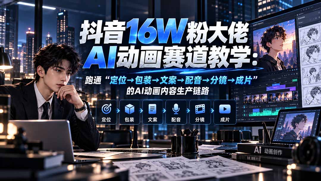 抖音16W粉大佬规则门禁AI动画赛道教学：跑通“定位→包装→文案→配音→分镜→成片”的AI动画内容生产链路-鑫梵淘