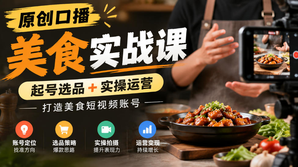 原创口播美食实战课，起号选品+实操运营，打造美食短视频账号-鑫梵淘