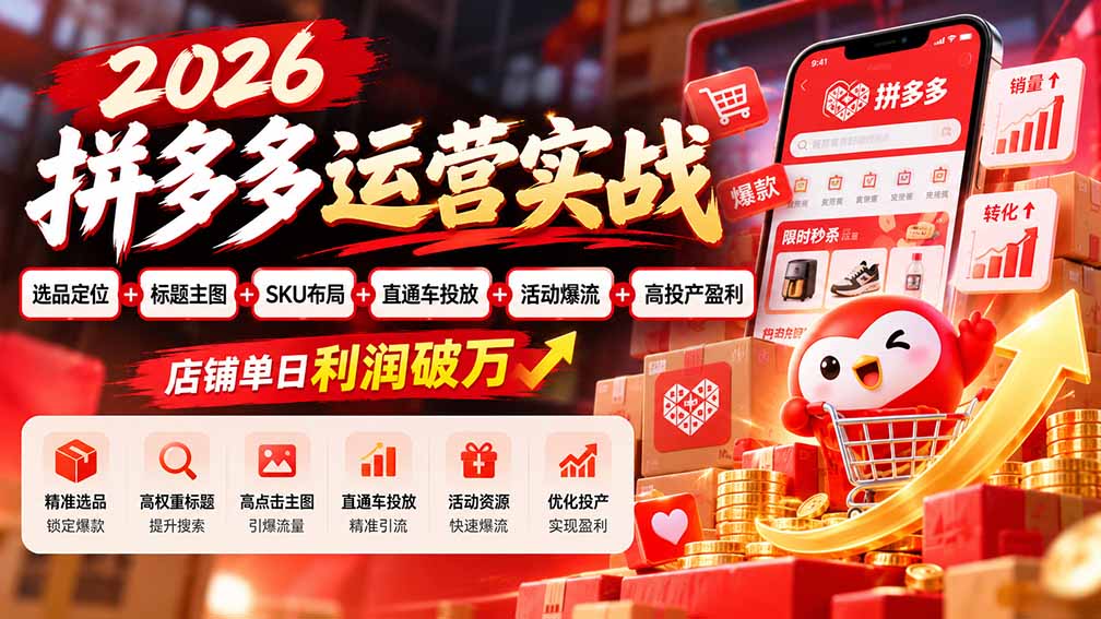 2026拼多多运营实战-更新1002：选品定位+标题主图+SKU布局+直通车投放+活动爆流+高投产盈利 店铺单日利润破万-鑫梵淘