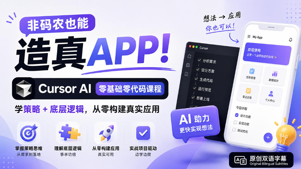 非码农也能造真APP！Cursor AI零基础零代码课程：学策略+底层逻辑，从零构建真实应用【原创双语字幕】-鑫梵淘