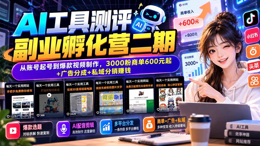 AI工具测评副业孵化营二期：从账号起号到爆款视频制作，3000粉商单600元起+广告分成+私域分销赚钱-鑫梵淘