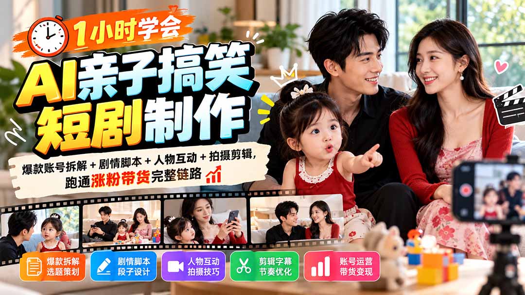 1小时学会AI亲子搞笑短剧制作：爆款账号拆解+剧情脚本+人物互动+拍摄剪辑，跑通涨粉带货完整链路-鑫梵淘