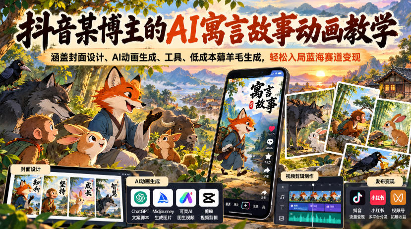 抖音某博主的AI寓言故事动画教学，涵盖封面设计、AI动画生成、工具、低成本薅羊毛生成，轻松入局蓝海赛道变现-鑫梵淘