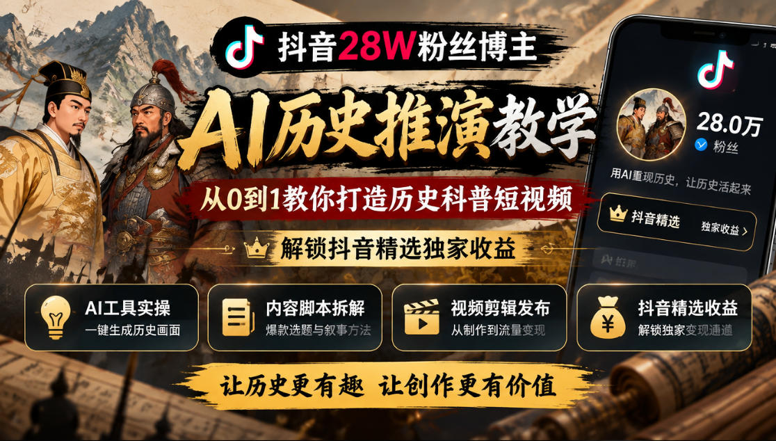 抖音28W粉丝博主的AI历史推演教学，从0到1教你打造历史科普短视频，解锁抖音精选独家收益-鑫梵淘