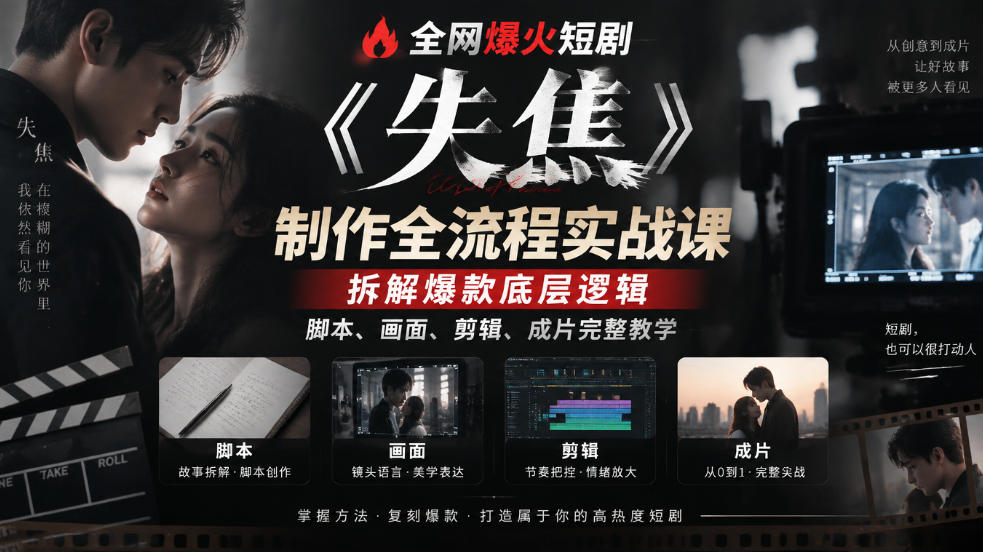 全网爆火短剧《失焦》制作全流程实战课｜拆解爆款底层逻辑，脚本、画面、剪辑、成片完整教学-鑫梵淘