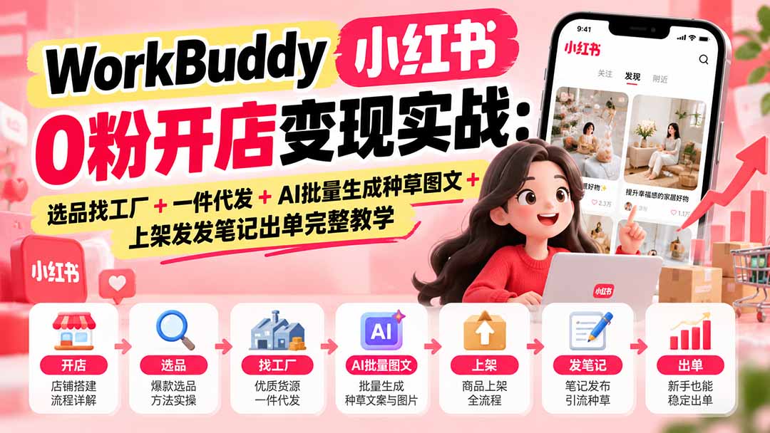 WorkBuddy小红书0粉开店变现实战：选品找工厂+一件代发+AI批量生成种草图文+上架发发笔记出单完整教学-鑫梵淘
