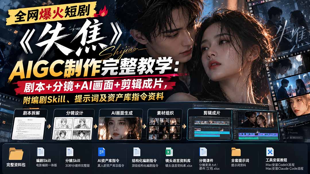 全网爆火短剧《失焦》AIGC制作完整教学：剧本+分镜+AI画面+剪辑成片，附编剧Skill、提示词及资产库指令资料-鑫梵淘