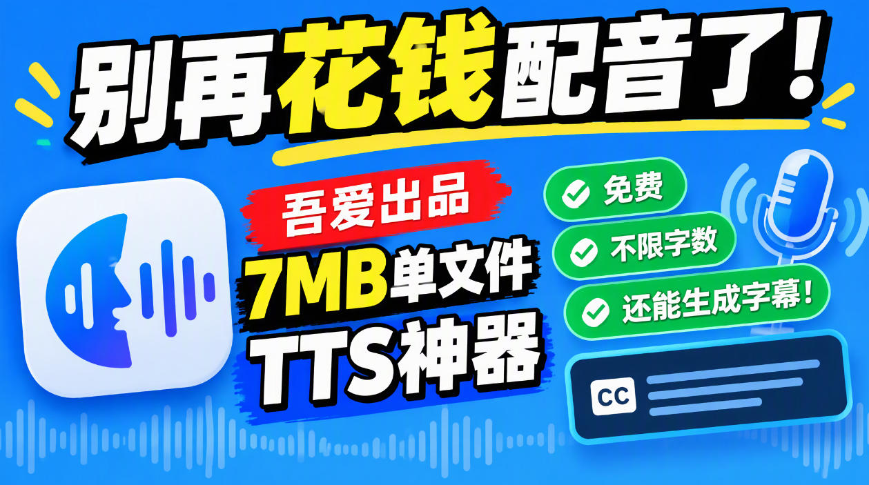 别再花钱配音了！吾爱出品7MB单文件TTS神器，免费不限字数还能生成字幕！-鑫梵淘
