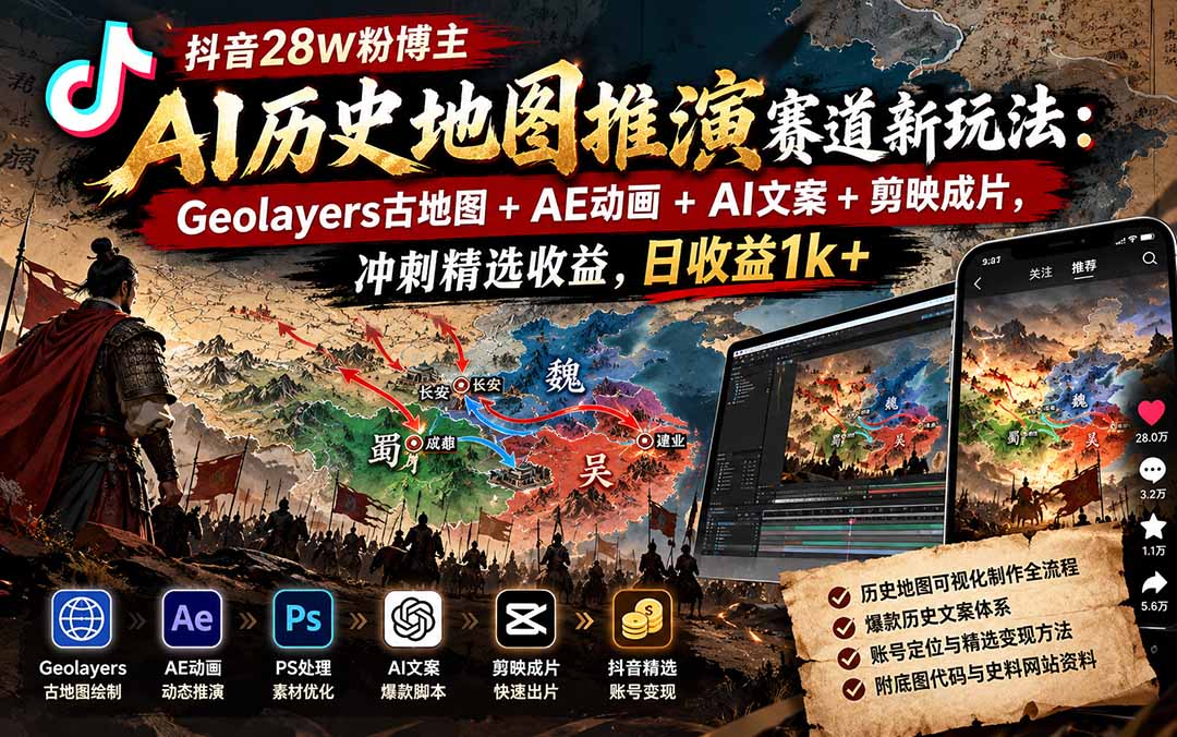 抖音28W粉博主AI历史地图推演赛道新玩法：Geolayers古地图+AE动画+AI文案+剪映成片，冲刺精选收益，日收益1k+-鑫梵淘
