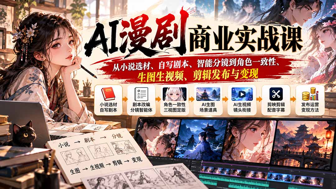 AI漫剧商业实战课：从小说选材、自写剧本、智能分镜到角色一致性、生图生视频、剪辑发布与变现-鑫梵淘